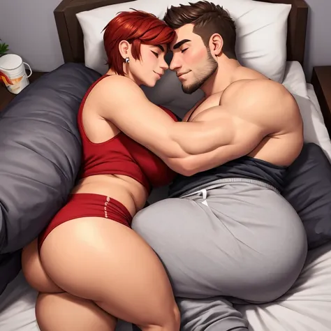 Two white men, gay, in bed, cuddling, fat asses, boy bubblebutts, big male ass, wearing grey sweatpants, tight grey sweatpants, huge man booty, cuddling in bed, their asses are huge, fat butt, round butt, huge butt, comically massive butt, full butt, juicy...