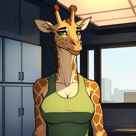 Very_Tall_Lanky_mature_giraffe female khaki_furry_body faded_green_eyes tank_top solo giraffe_snout Masterpiece best_quality absurdres highly_detailed cleanly_drawn_eyes anthro_only by_claweddrip, by_greasymojo, by_underscore-b, by_runawaystride