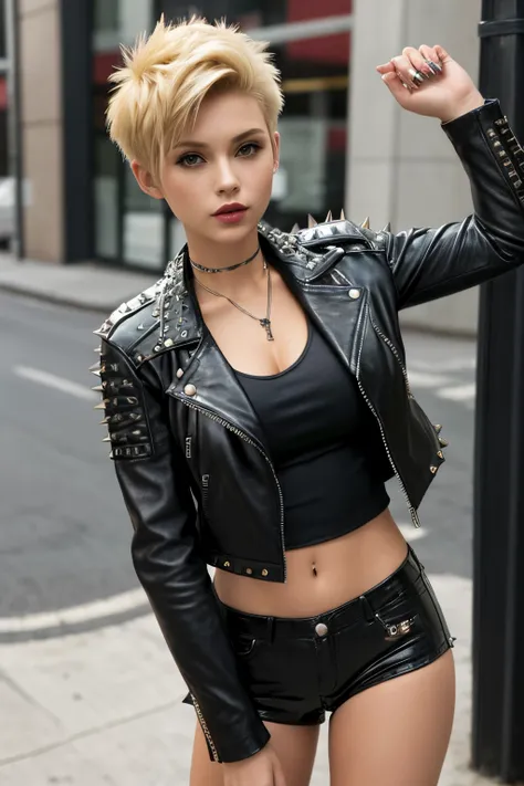 (wearing a leather jacket over a red top) (1girl, spiky short blonde hair), sexy, beautiful,