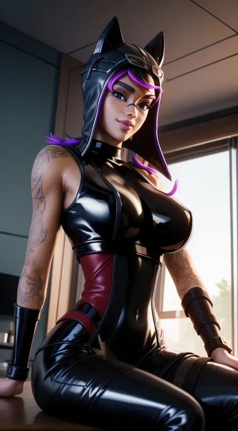 (Yaedef:1.4), 8k, highres, ultra detailed, (masterpiece:1.4), best quality, symmetrical body, (sexy tight black short latex dress with deep neckline:1.4), cute, solo, long hair, pink hair, purple eyes, glow effect, finely eye, wide smile, detailed face, lo...