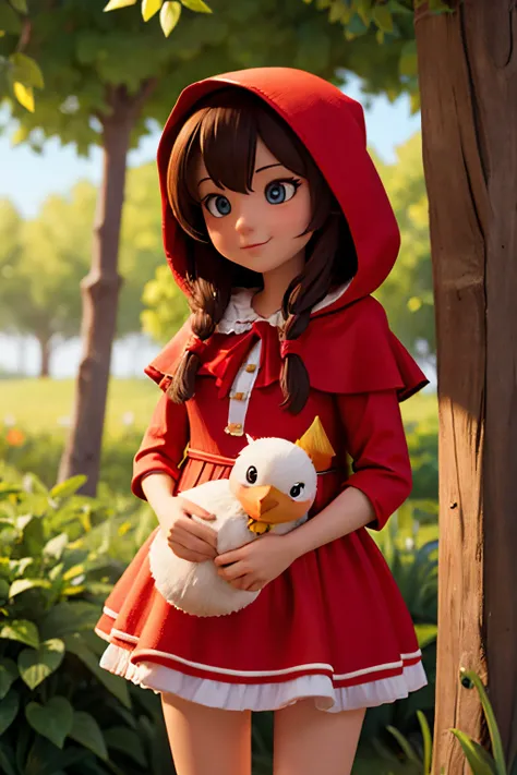 Little Red Riding Hood and the chick hugging each other