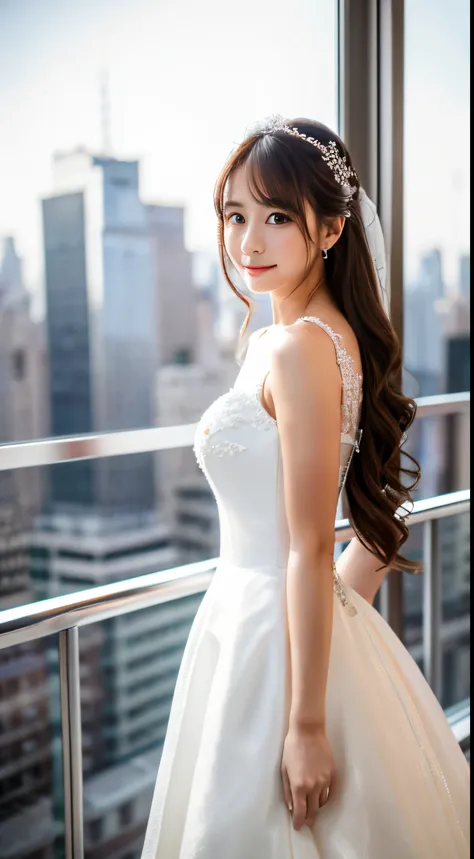 high-definition picture,(masutepiece), (Best Quality), (ultra-detailliert),(beautiful hairl),(1girl in), (white wedding dress set), fullbody image,Fashion Model, Looking at Viewer, (Detail of New York cityscape overlooking skyscrapers from rooftop),Beautif...