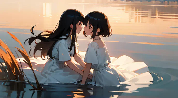 Sitting, the setting sun, reed, masutepiece, Best Quality, 2girls, Outdoors, Black hair, White Dress, In the river, White Dress, Looking at each other, Yuri