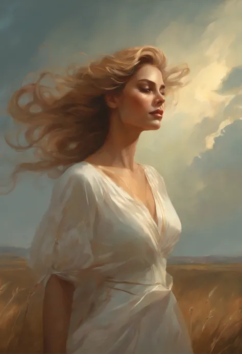 a painting: a woman in a white dress, standing in the field., Peter Mohrbacher Digital Art, Peter Morbacher style, rob rey, Peter Morbachers Art Style, Peter Morbachers style, Peter Morbacher, Петер Морбахер C 2 0, charlie bowater character art, goddess of...