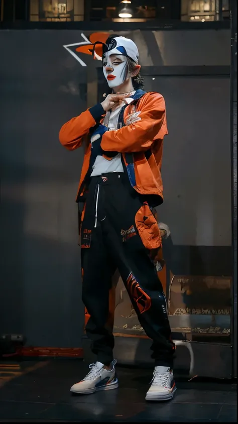 Blue hat with white pattern on the back Eye mask white Joker makeup Black shirt X and Round logo Orange jacket Black pants dark red tattoo White shoes