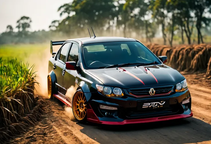 A Close Up Shot of A Proton Saga, wide body, flushed fitment wheels, taking in (Sony A7RIII 18mm focal length), (f5.6 aperture), (1/80 shutter speed), (bokeh), dusty winding roads, paddy fields, motion blur, unobtrusive, realistic, details sky, majestic, 8...