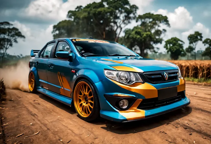 A Close Up Shot of A Proton Saga, wide body, flushed fitment wheels, taking in (Sony A7RIII 18mm focal length), (f5.6 aperture), (1/80 shutter speed), (bokeh), dusty winding roads, paddy fields, motion blur, unobtrusive, realistic, details sky, majestic, 8...