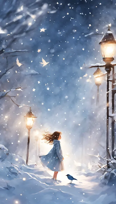 (Adolescent girls), (Petite), girl surrounded by light, Snow, birds, and stars in the, It is a breathtaking beauty that makes you feel the pulse of life.,