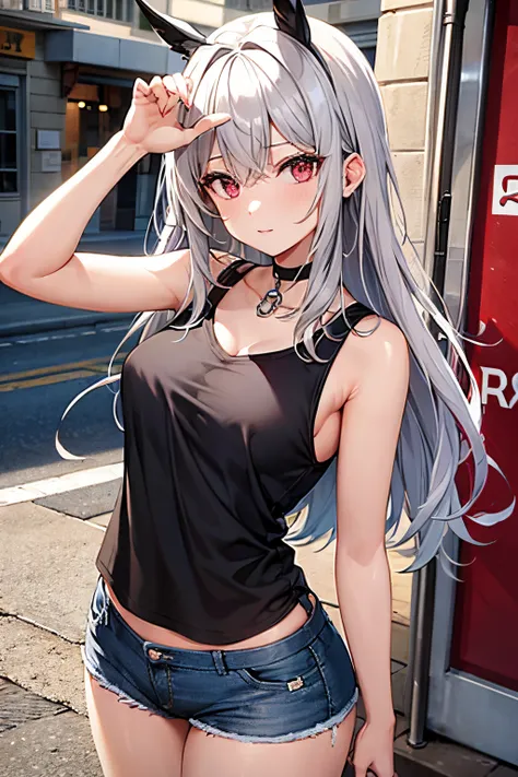 beautiful gray hair、beautiful red eyes、longhaire、tank tops、shortpants、a choker、selfie wind、selfee、piece、piece sign