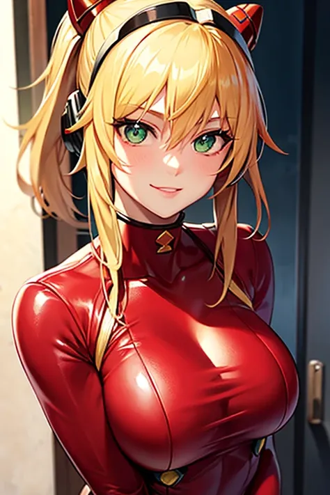 asuka langley soryu, hair between eyes, headgear interface, headset, blonde hair, Mordred, fgo, Mordred cosplaying as Asuka, green eyes, 1woman, toned, athletic, perfect quality, masterpiece, confident, smile, blonde hair, shiny skin.