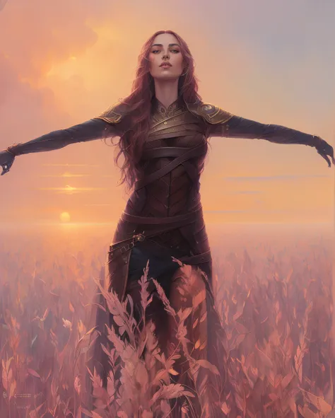 a photo of woman ( anatomically correct drawing of the body, high-quality drawing of details),  Human hand, very clear without flaws with five fingers,with long hair and blue eyes in a field, beautiful fantasy art portrait, fantasy art portrait, fantasy po...