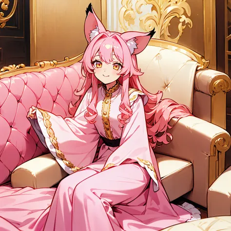 girl with、golden eyes、hyena ears、light pink hair、length hair、goth loli clothes、inside in room、on the sofa、smile、golden eyes、pink...