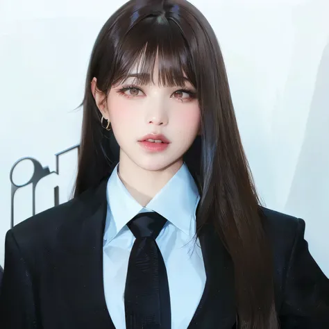 Hay una mujer de pelo largo con traje y corbata, Ella tiene el pelo negro con flequillo, Lalisa Manobal, Lalisa Manoban de Blackpink, con flequillo completo, con flequillo, Jossi de Blackpink, Retrato de Jossi de Blackpink, Flequillo partido en el centro, ...