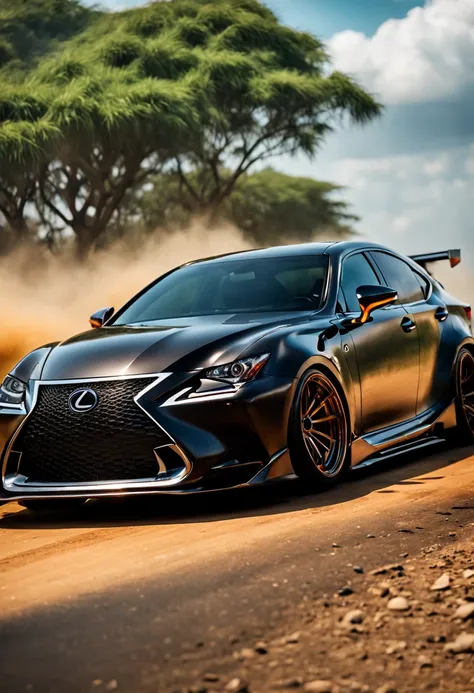 A Close Up Shot of A Lexus M350, wide body, flushed fitment wheels, taking in (Sony A7RIII 18mm focal length), (f5.6 aperture), (1/80 shutter speed), (bokeh), Speeding through long dusty winding roads, paddy fields, motion blur, unobtrusive, realistic, det...