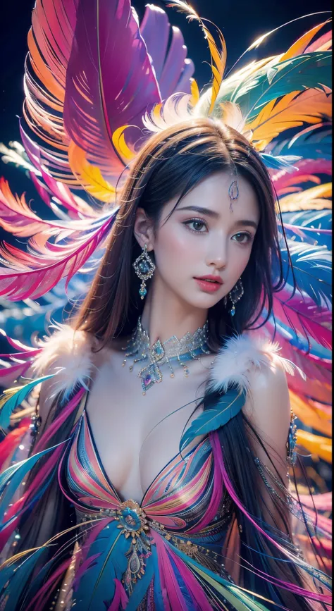 1 sister,(earrings feather:1.2),(tmasterpiece, quality, Best quality, offcial art, Beautiful and beautiful:1.2),very detailed nipples,(s fractal art:1.1),(Colorful:1.1),Feather background,