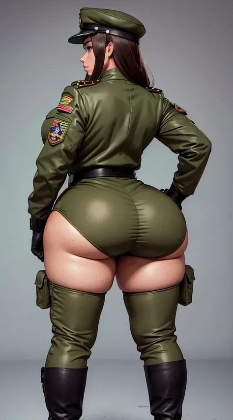 army aviator milf with her back to the camera, slim thicc, con gorro de aviador, piel rosa con pecas, cabello ondulado color negro, curvy athletic build, cintura delgada, caderas muy anchas, muslos gordos, culo enorme muy grande gordo, bragas elevadas colo...