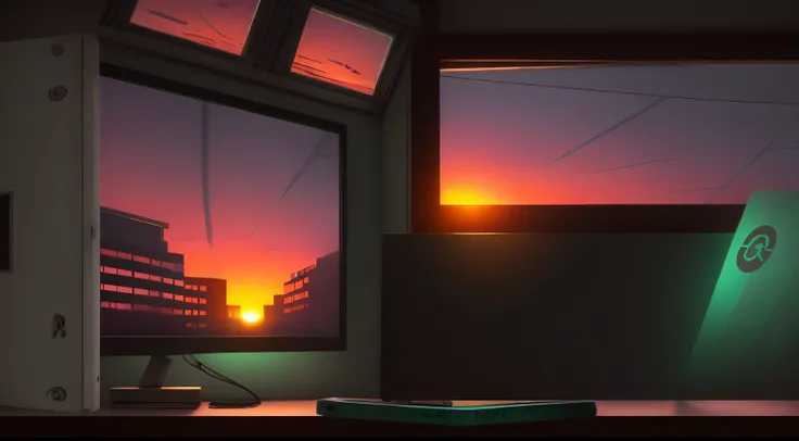 hackers workplace, hackers office. There is a window, outside the window there is sunset.