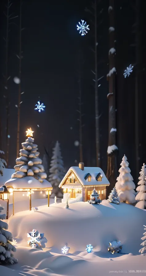 Snowy Night Scenery,A Christmas snow scene without a house,There is a Christmas tree and an Elk pulling an empty cart,realistic snowflakes,Elk pulling an empty cart,Snowy winter Christmas Eve, Render in Cinema4D, 4D cinema rendering, Stylized 3D rendering,...