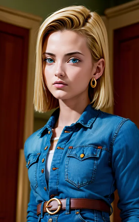 (masterpiece, best quality), realistic version of android18, earrings, denim, belt upper body, focus face, perfect face, Emily Rudd.