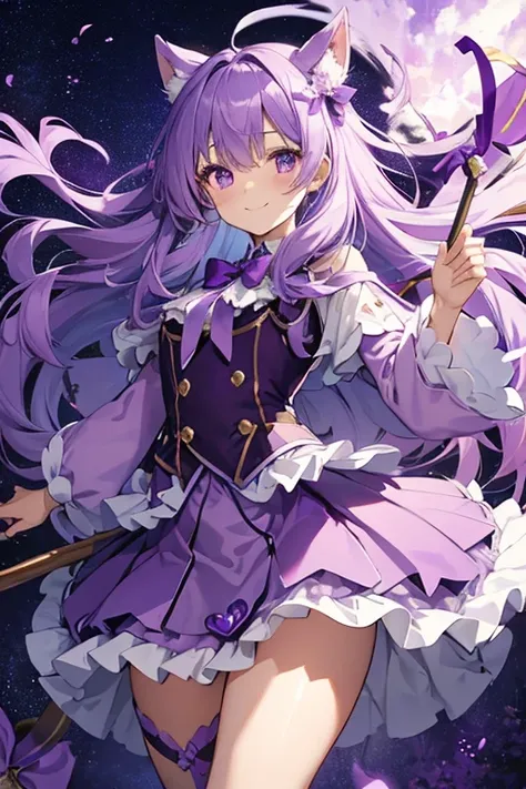 cute purple magical girl，Fluffy long hair，pale purple hair，Purple heart ribbon on the chest，purple heart shaped stick，kirakira，Flying in the sky，(Fluffy skirt:1.2)，fluffy panniers，many purple petals，a smile