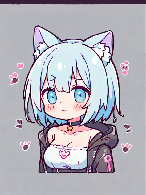 1girl, :3, animal_ears, bangs, black_background, black_jacket, blush, cat, cat_ears, choker, cleavage, closed_mouth, collarbone, eyebrows_visible_through_hair, green_eyes, hair_between_eyes, jacket, letterboxed, looking_at_viewer, medium_breasts, sarashi, ...