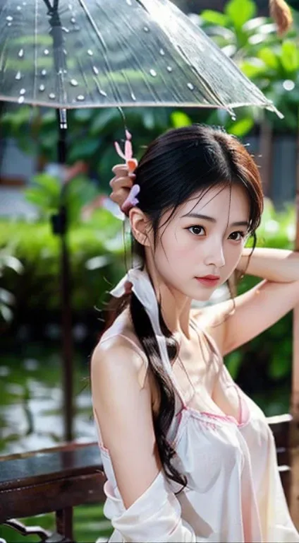 Master quality, highest quality, best picture quality, exaggerated details, a cute 8 year old asian little girl with a shy expression, adjusting her hair, long hair, small breasts, in hanfu chinese, posing in front of the camera, wet throught rain, wet bre...