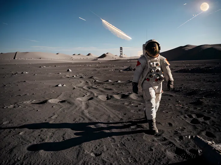 an astronaut walking on the moon and a flying rocket in the distance