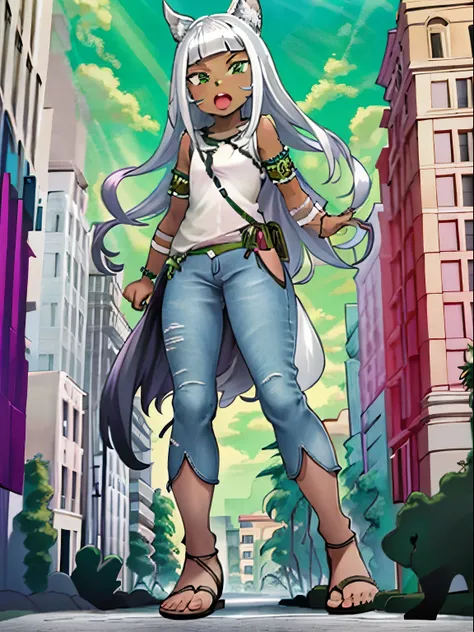 Ochette, dark skin, white hair, green eyes, giantess, huge, 70 ft tall, cute, full body, best quality, pink dress, metal bracelets, larger than buildings, flat ground, street, ground visible, black jeans, adorable, kind, gentle, empty hands, small build, s...