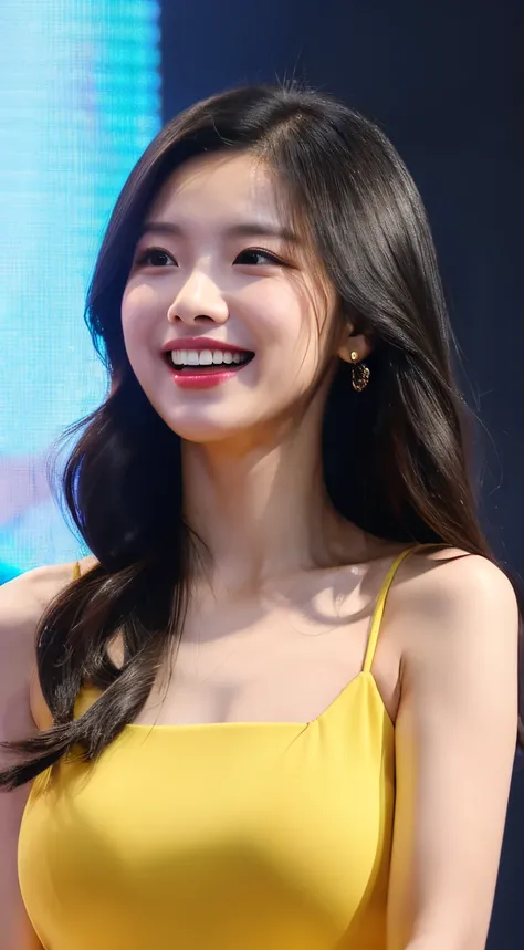 High Resolution, Super detail, Ray tracing, FPV, Accurate, 30 years old Korean Woman, Very long black hair, With makeup, Blush, Laughing, White skin, Supermodel body shape, Yellow color dress, At the show.