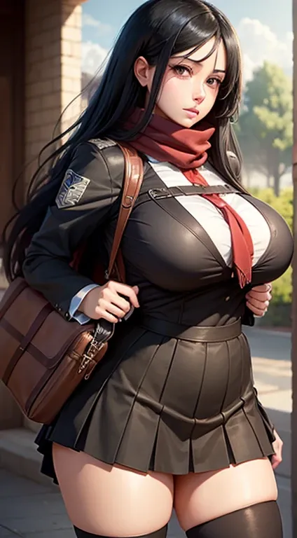 Long black hair, school uniform dress, massive sized boobs, huge boobs,thigh legs, short school skirt, holding a school bag,standing,black colour eyes,ultra realistic detailed brown eyes, beautiful and perfect face, school background, Mikasa Ackerman with ...