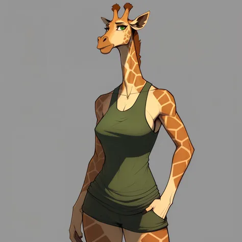 Very_Tall_Lanky_mature_giraffe female khaki_furry_body faded_green_eyes tank_top solo giraffe_snout Masterpiece best_quality absurdres highly_detailed cleanly_drawn_eyes anthro_only by_claweddrip, by_greasymojo, by_underscore-b, by_runawaystride