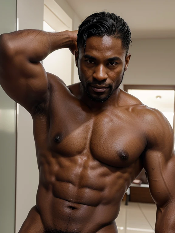 A Man with Dark Black Skin, 31 Anos, Sem Camisa. Defined and healed chest along with a defined abdomen with showing abs. Arms with defined biceps. Com um par de coxas masculinas definidas. The facial features are raw with a look of seduction and excitement...