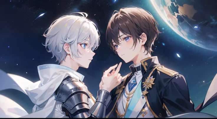 Two men looking at each other under the starry sky、A prince with short brown hair and a male knight with short silver hair. The scene is in high resolution.