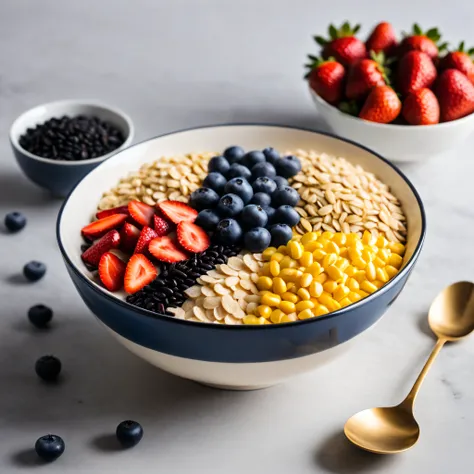 Bowl-shaped：The shape of the bowl is a slightly flattened circle，Made of porcelain or ceramic material。The edge of the bowl is smooth，Presenting a refined and elegant feel。

Types of cereals：In a Bowl，We can see five different grains，Each grain has a uniqu...