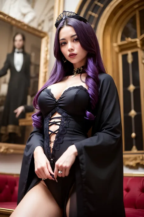 ((best quality)), ((masterpiece)), (detailed), perfect face, Imagine a bewitching gothic woman with dark purple hair styled in a dramatic, flowing style, her lips painted a bold shade of dark burgundy. Her dark robe, adorned with intricate embroidery and p...