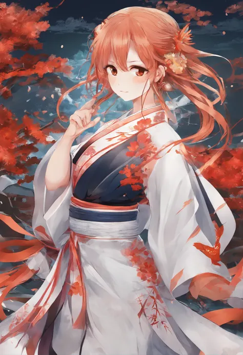 Best quality, highly detailed, masterpiece, ultra detailed, (reality: 1.2), 1 girl, (white background),  background, delicate eyes, ), girl with orange hair and fox ear, red eye, wearing kimono japanese fighting scene, fighting demon, dinamic lighting, dem...