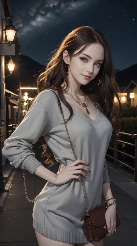 25-year-old Caucasian woman、hair color is reddish、blue eyess、Semi-long、setting hair、Hair is up、My hair is wavy、Slender but thin macho、accessories on the wrist、wearing a chain necklace、Beautiful breasts、a smile、Wearing a sweater dress、Holding a handbag in h...