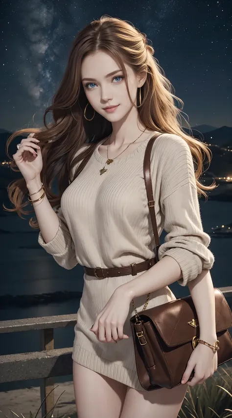 25-year-old Caucasian woman、hair color is reddish、blue eyess、Semi-long、setting hair、Hair is up、My hair is wavy、Slender but thin macho、accessories on the wrist、wearing a chain necklace、Beautiful breasts、a smile、Wearing a sweater dress、Holding a handbag in h...