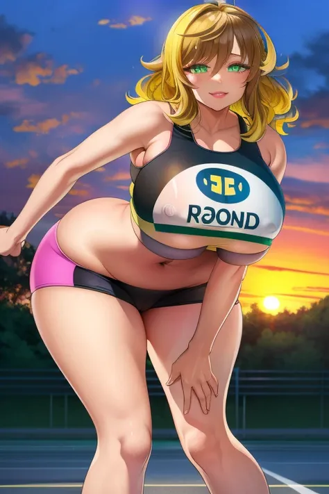 amicia michella - nijisanji, 1girl, (((bimbo))), brown short hair, yellow inner hair, wavy hair, green eyes, detailed eyes, (((bimbo))), thin lips, painted lips, shy smile face, wide hips, thick thighs, huge round ass, shiny oily breasts, sports bra, full ...