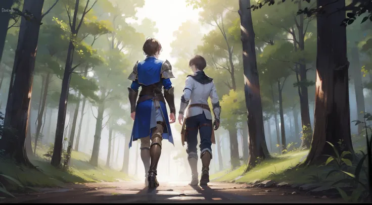 Two men walking through a forest at night, one is a short-haired adventurer with brown hair, and the other is a short-haired knight with silver hair. Its in high resolution.