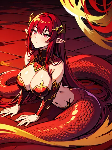 Lamia, crimson eyes, big size, really long snake tail, forest background, resting on the floor, crimson scales, black long hair, pointy ears, feminine