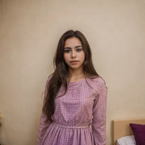 close up shot of a young brunette mexican woman with long hair, in a colorful checkerboard dress with vivid colors, in the style of photo taken with nikon d750, stylish, elegant look, vivid colors, standing in front of bedroom wall, with the cream wall beh...