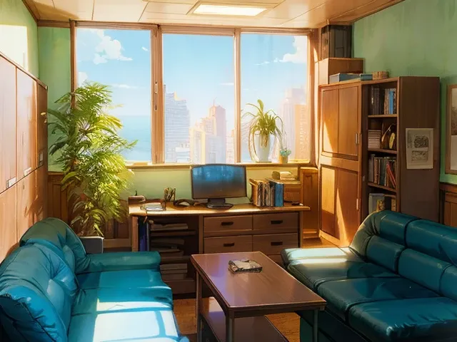 Some rooms have a sofa, The table, and bookshelves, Anime Background Art, personal life background, Office Background, anime scenery concept art, style of madhouse studio anime, interior background art, Relaxing environment, Anime scenery, corner office ba...