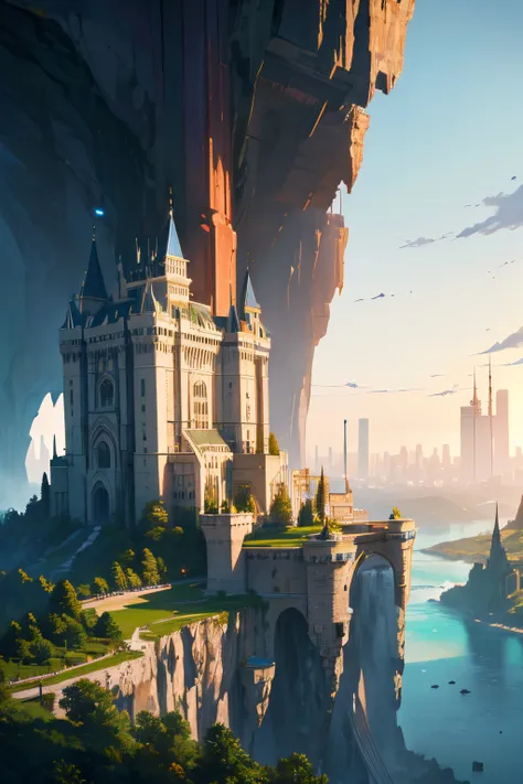 Huge castles and skyscrapers floating in the sky Cyberpunk alien world fantasy high quality ultra high definition utopia 8K giant waterfall nature