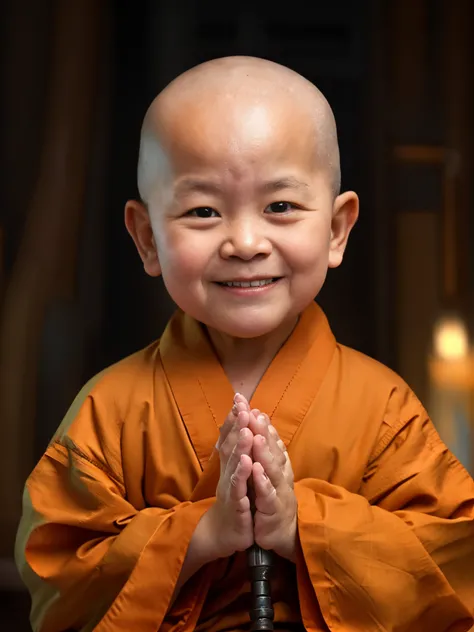 A little monk with an infant,I was holding hands,sitting cross-legs,Orange monks robe,Facial features that suit the viewer,black backgrounds