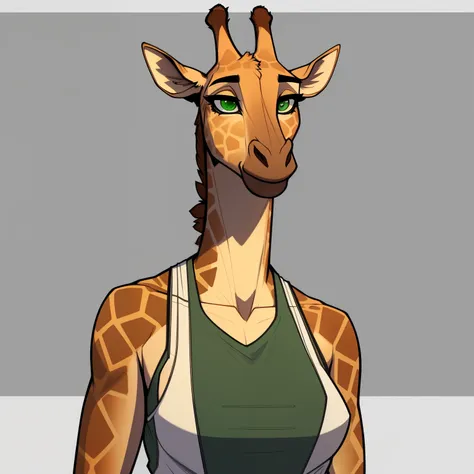 Very_Tall_Lanky_mature_giraffe female khaki_furry_body faded_green_eyes tank_top solo giraffe_snout Masterpiece best_quality absurdres highly_detailed cleanly_drawn_eyes anthro_only by_claweddrip, by_greasymojo, by_underscore-b, by_runawaystride