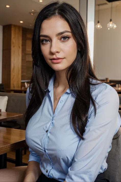 an european business woman, wearing office wear, meeting in restaurant,  black hairs, beautiful eyes, realistic photography