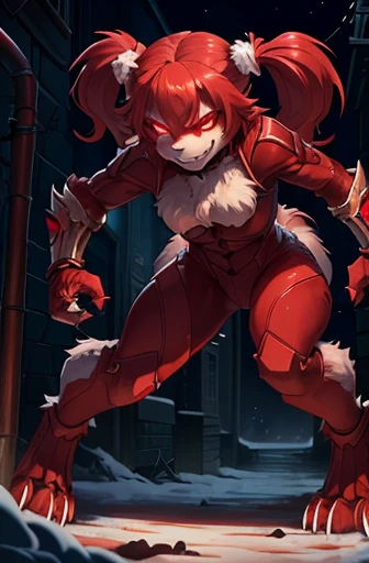 women, red head, night, scrawny, (sly smile), (biting lip), snowy alley, fangs, glowing red eyes, pigtails, demonic bodysuit, crawling, ((glowing ribcage)), fluffy arms, clawed gauntlet, fluffy digitigrade legs, ((drooling)), furry tail, detailed fur,