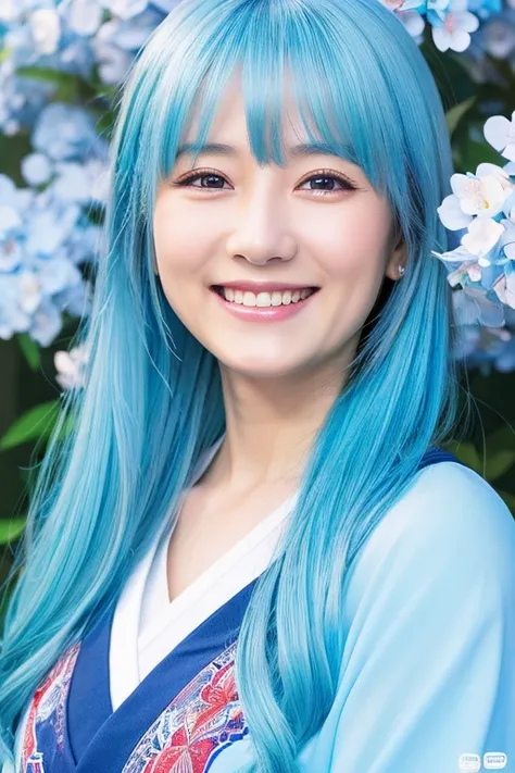 超A high resolution,Best Quality,detailed illustration,10 generations,japanes,Light blue hair,Long,With smiling eyes,face to the viewer