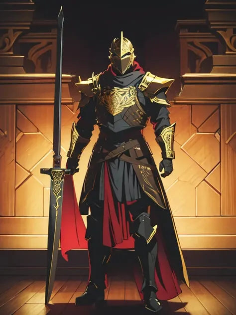 male people，full body armored，Face armor，Black armor，Gold-grained decoration，redcloak，giant sword